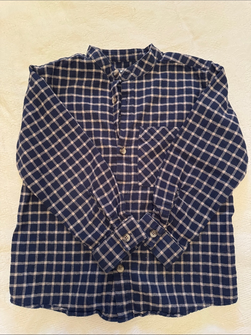 Zara boys flannel Navy and cream Check Band Collar Shirt